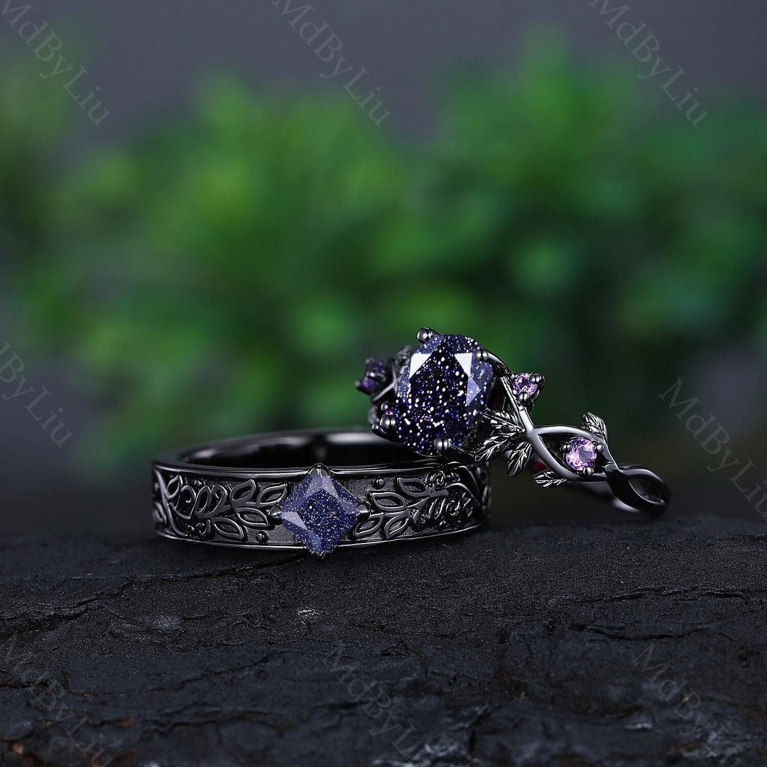 Blue Sandstone Couple Rings Set Galaxy Sandstone Engagement Ring