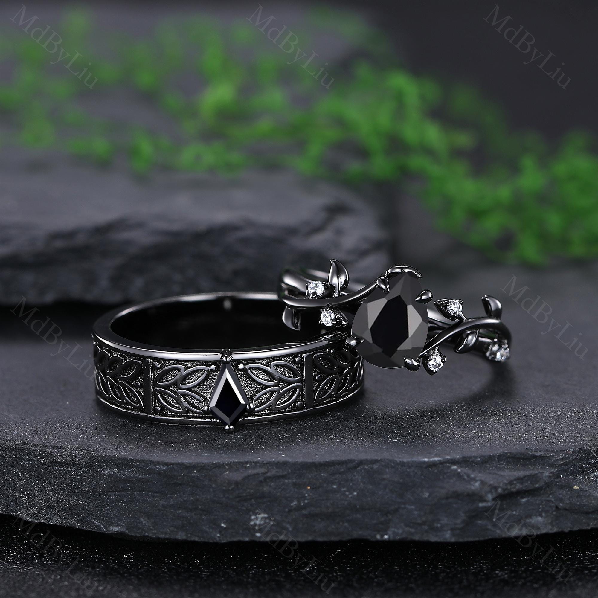 Gothic Black Onyx Couple Rings, Leaf Vine Engagement Ring, His and