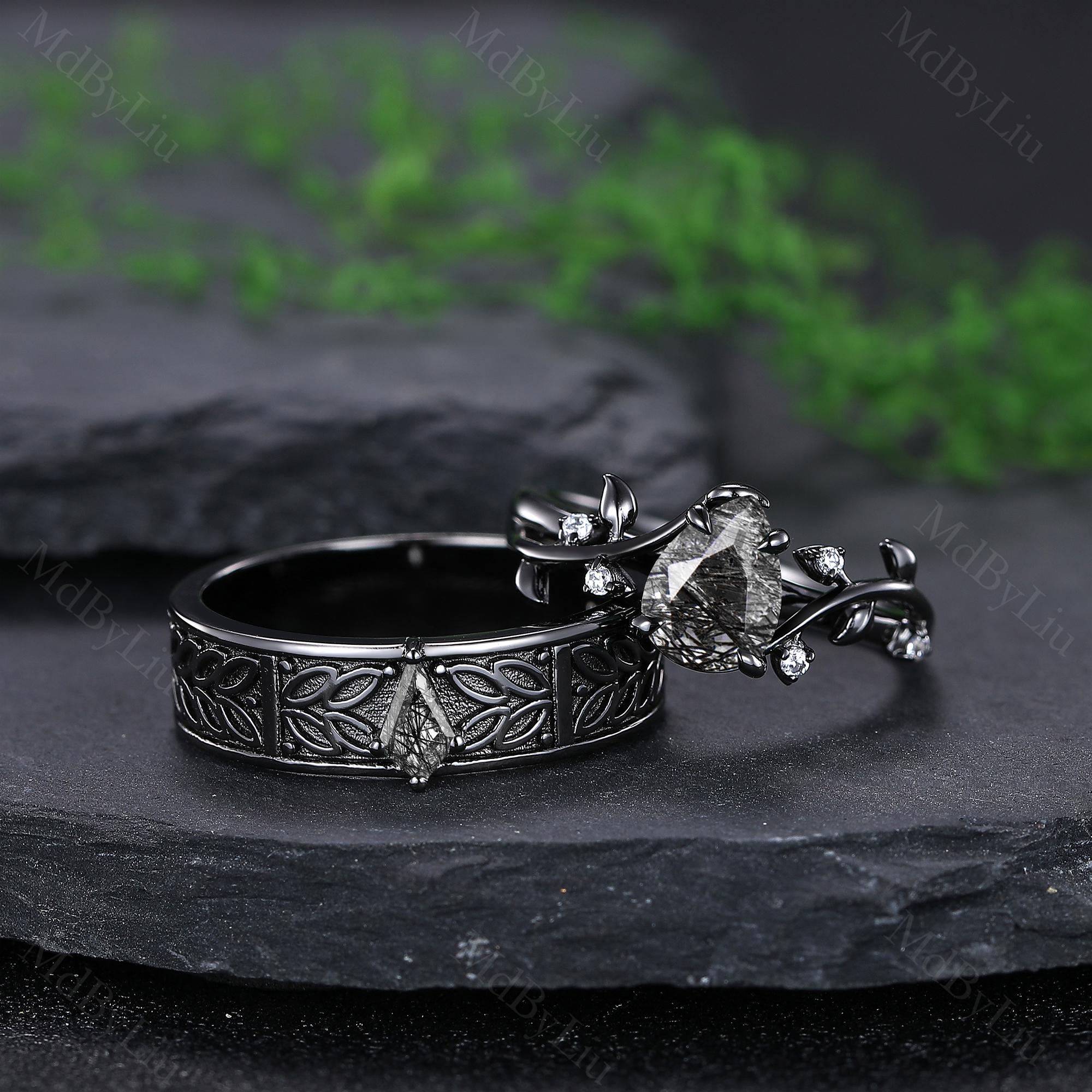 アスティエ　クリスマスオーナメント　ENGAGEMENT RING BLACK Gothic Black Rutilated Quartz Engagement Ring Set Vintage Leaf
