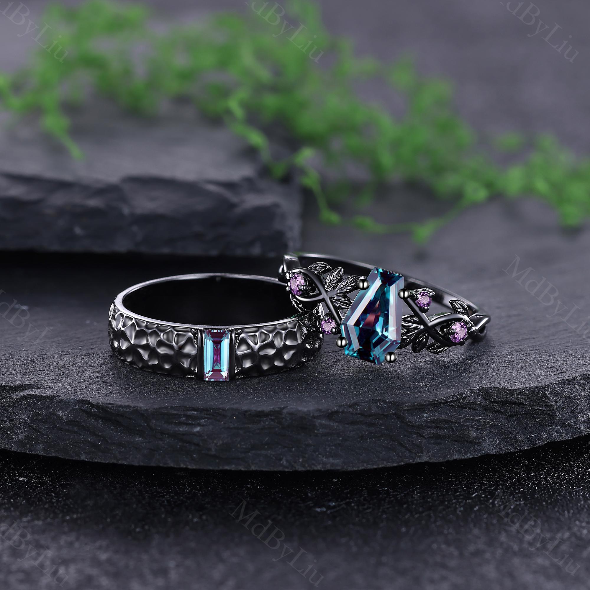 Unique Coffin Alexandrite Couple Ring Set Gothic Black Matching
