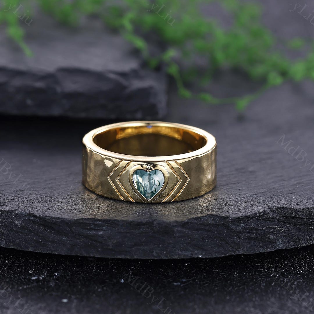 14K Yellow Gold 7mm Mens Heart Shape Moss Agate Wedding Band Unique ...