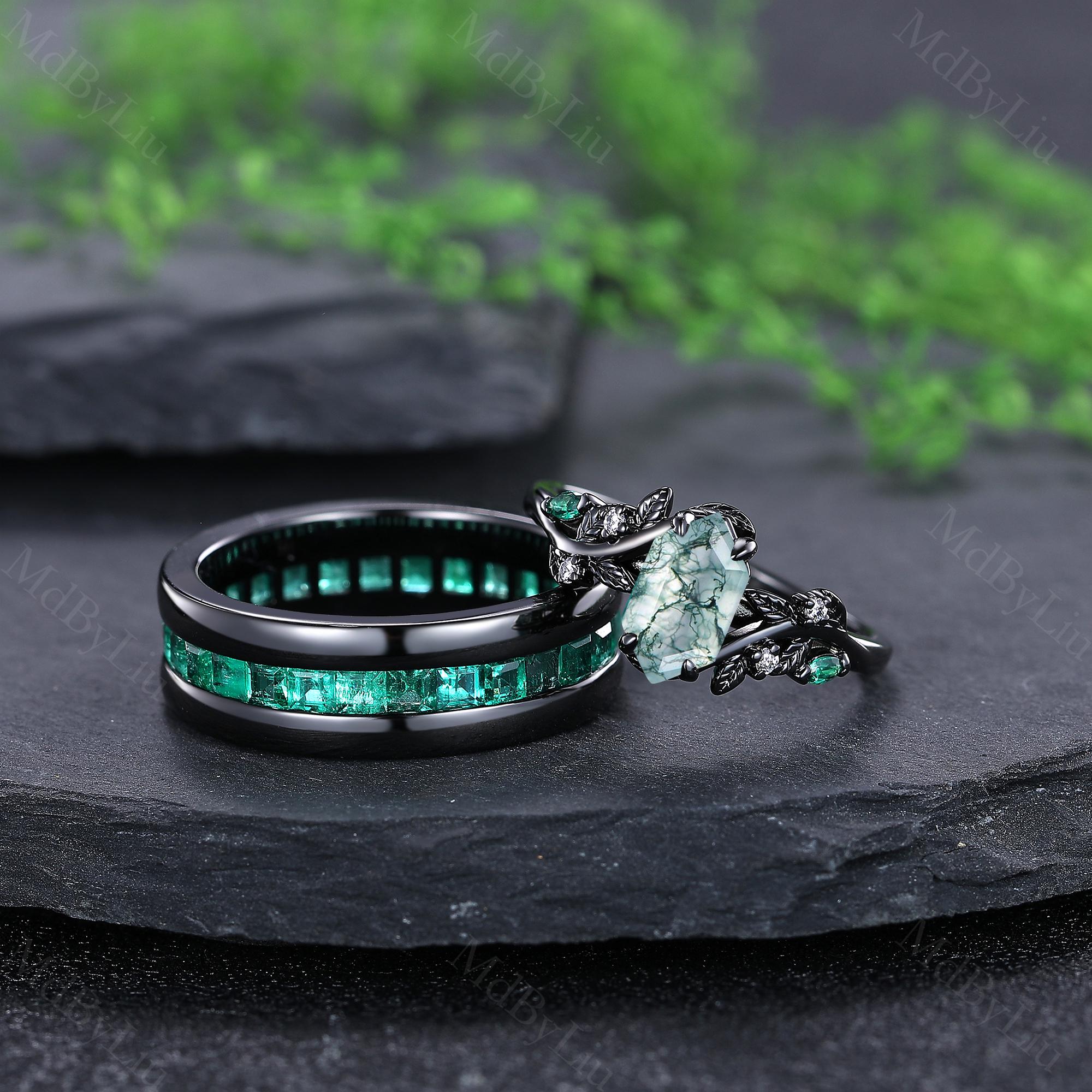 Moss Agate & Emerald Couples Ring Set Black Gold Matching Wedding