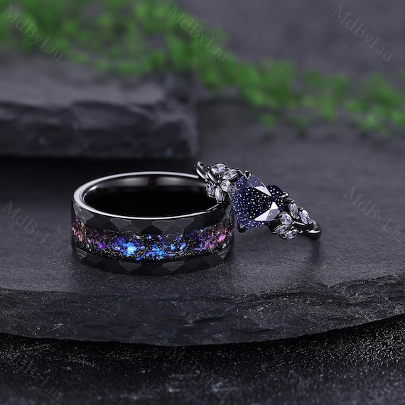 Heart-Shaped Blue Sandstone Couple Rings Wedding Band for His and Her Matching Ring set Starry Jewelry Meteorite Mens Ring Anniversary Gift