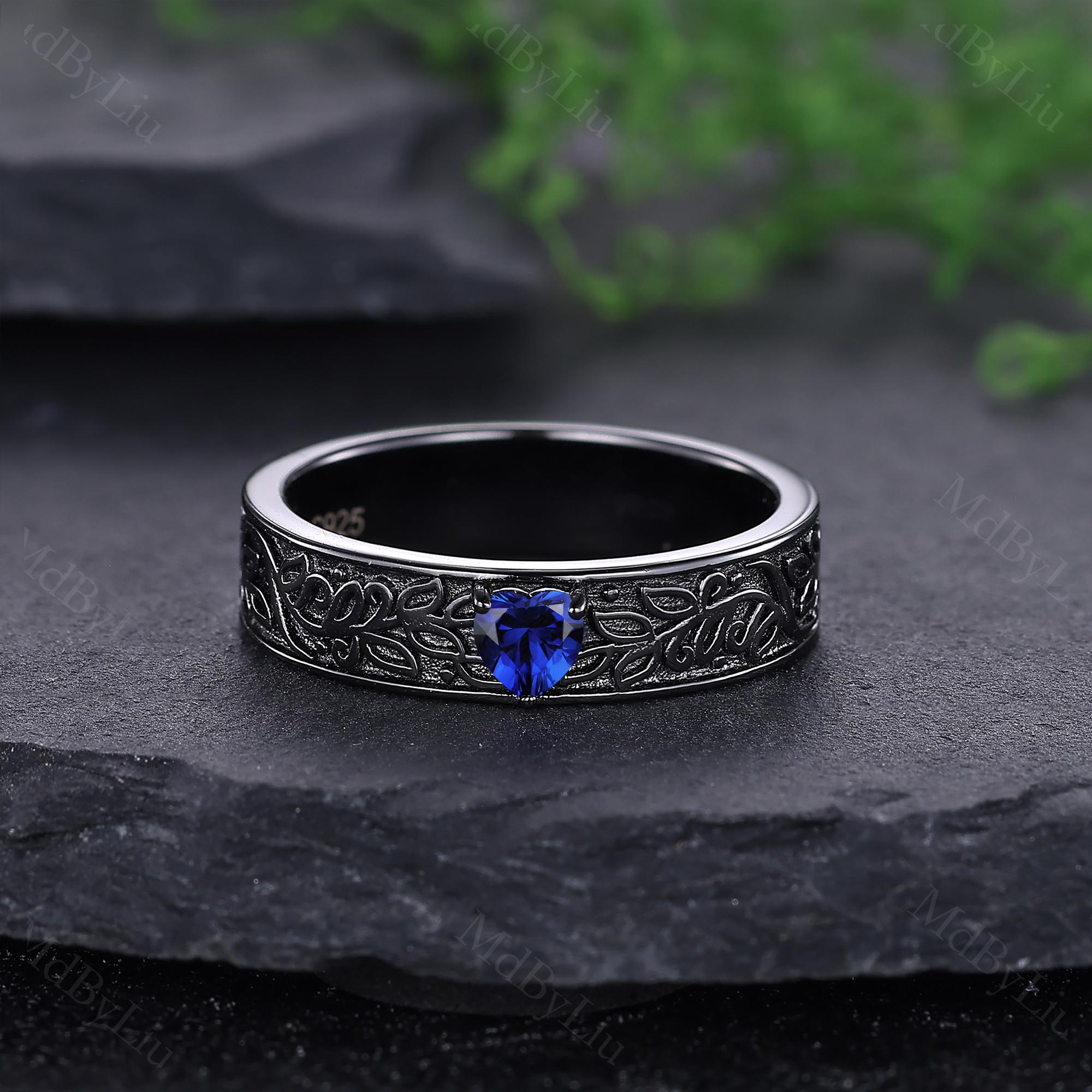 Leaf Sapphire Wedding Band Gothic Black Gold Engagement Ring