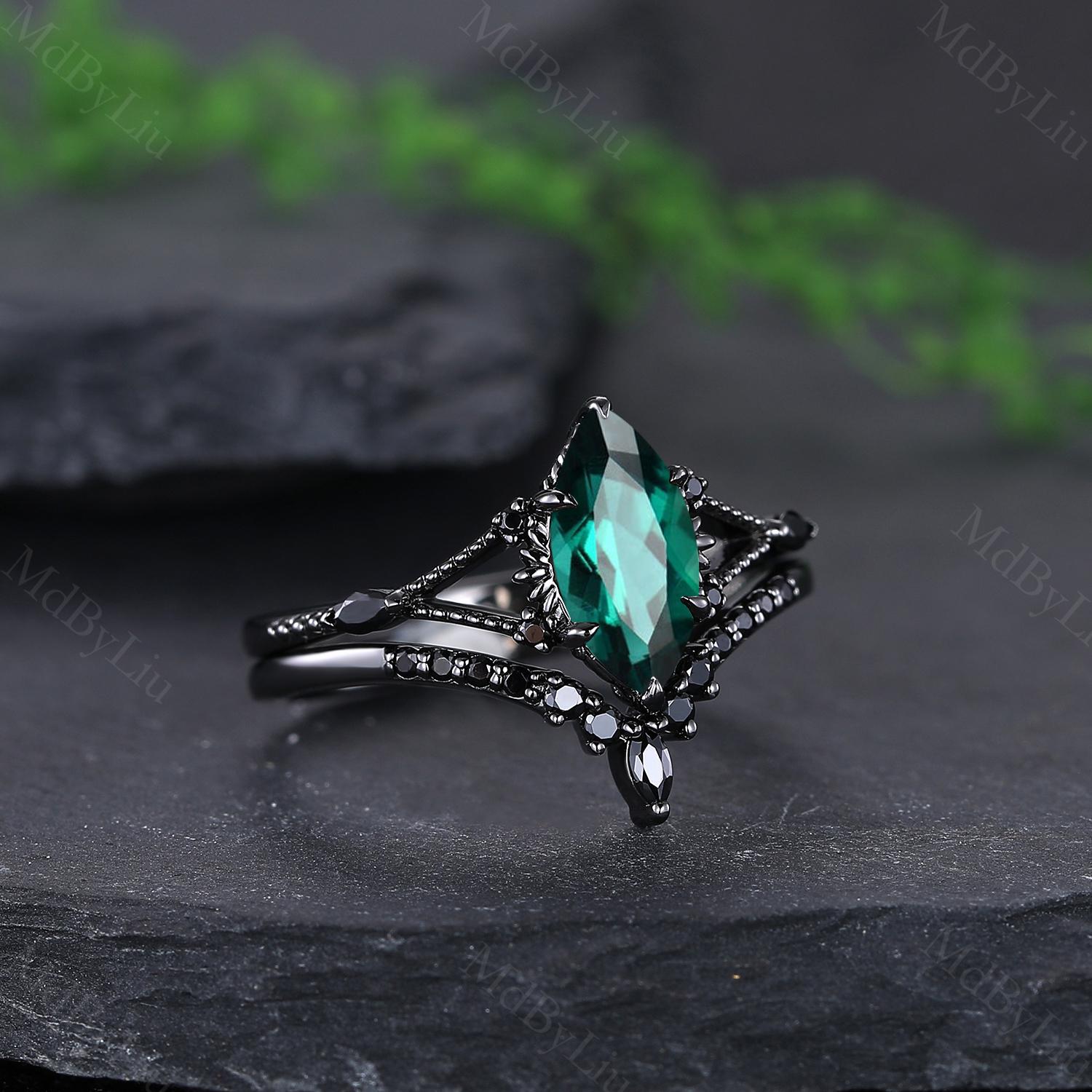 Nature-inspired Emerald Couples Rings Set Marquise Emerald Matching ...