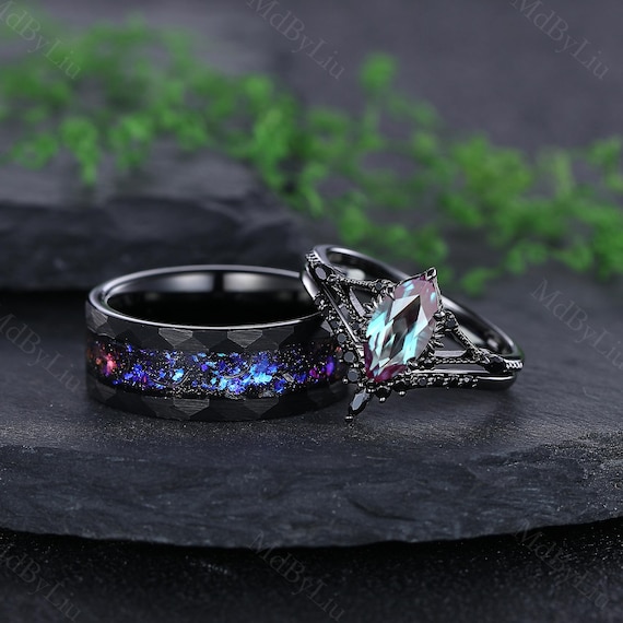 Gothic Black Gold Alexandrite Couple Rings His and Hers Wedding