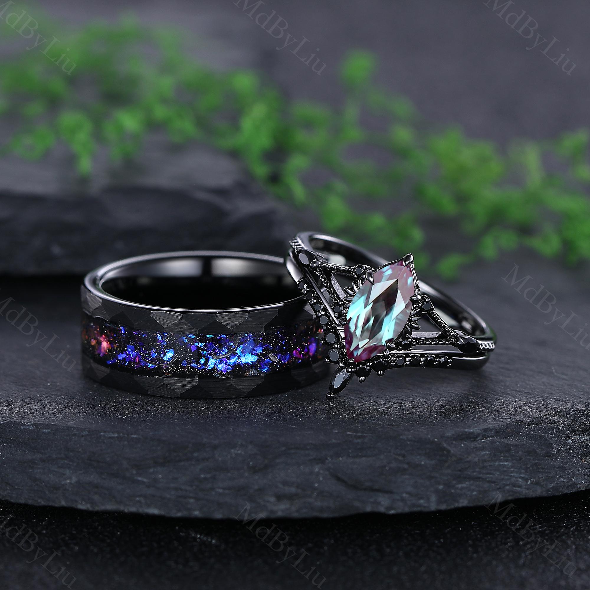 Gothic Black Gold Alexandrite Couple Rings His and Hers Wedding