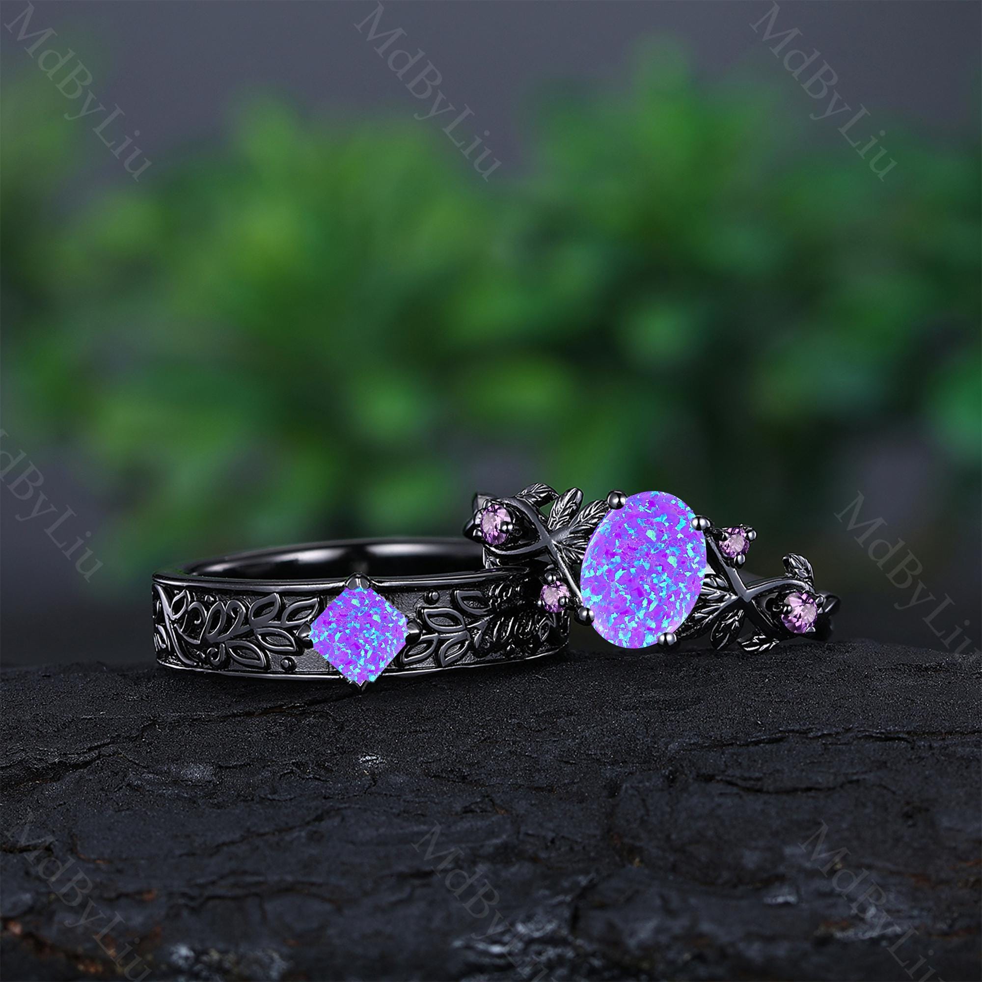 Purple Opal Couple Ring Set Nature-inspired Wedding Ring Set Gothic ...
