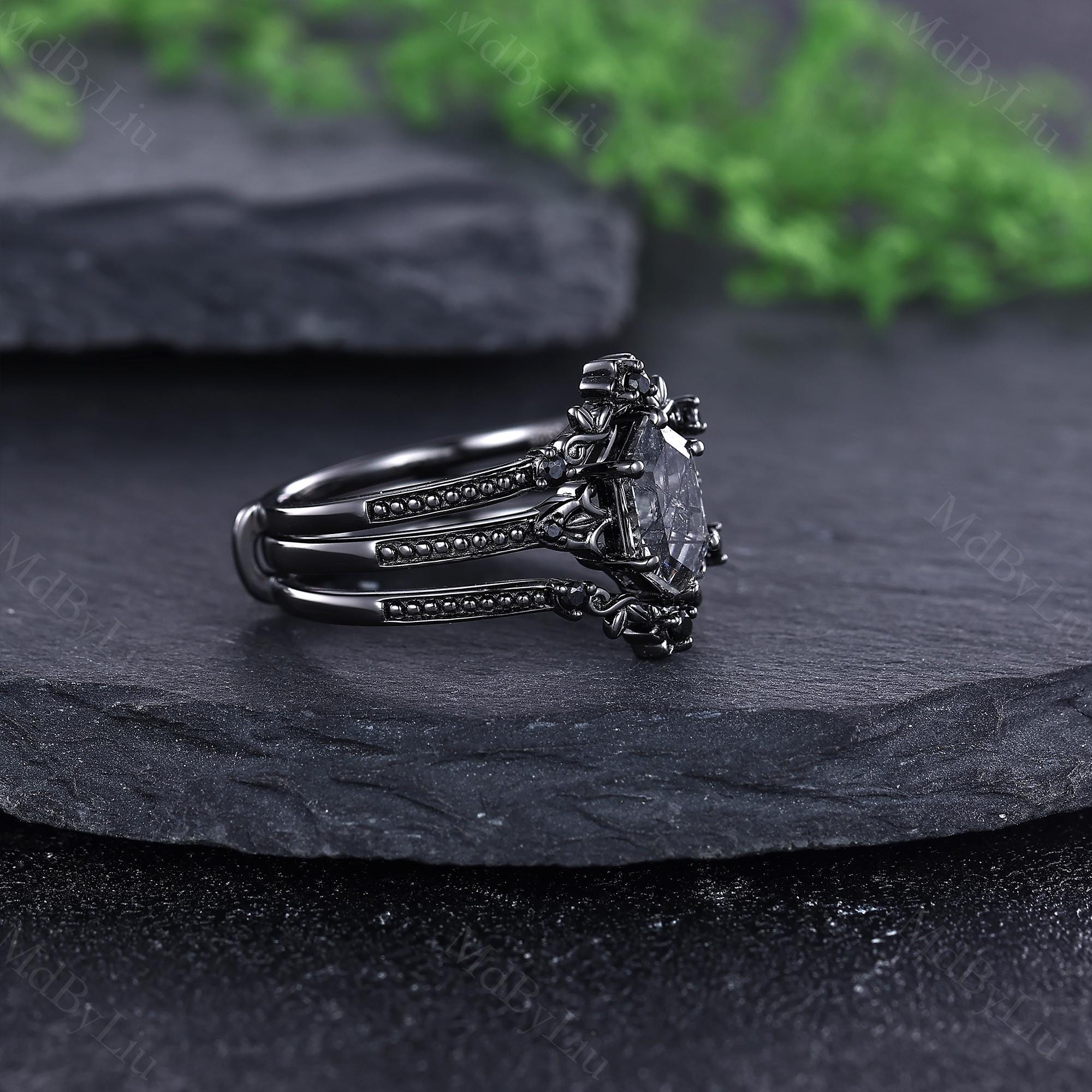 Hexagon Cut Black Opal Engagement Ring Set Gothic Bridal Ring Set