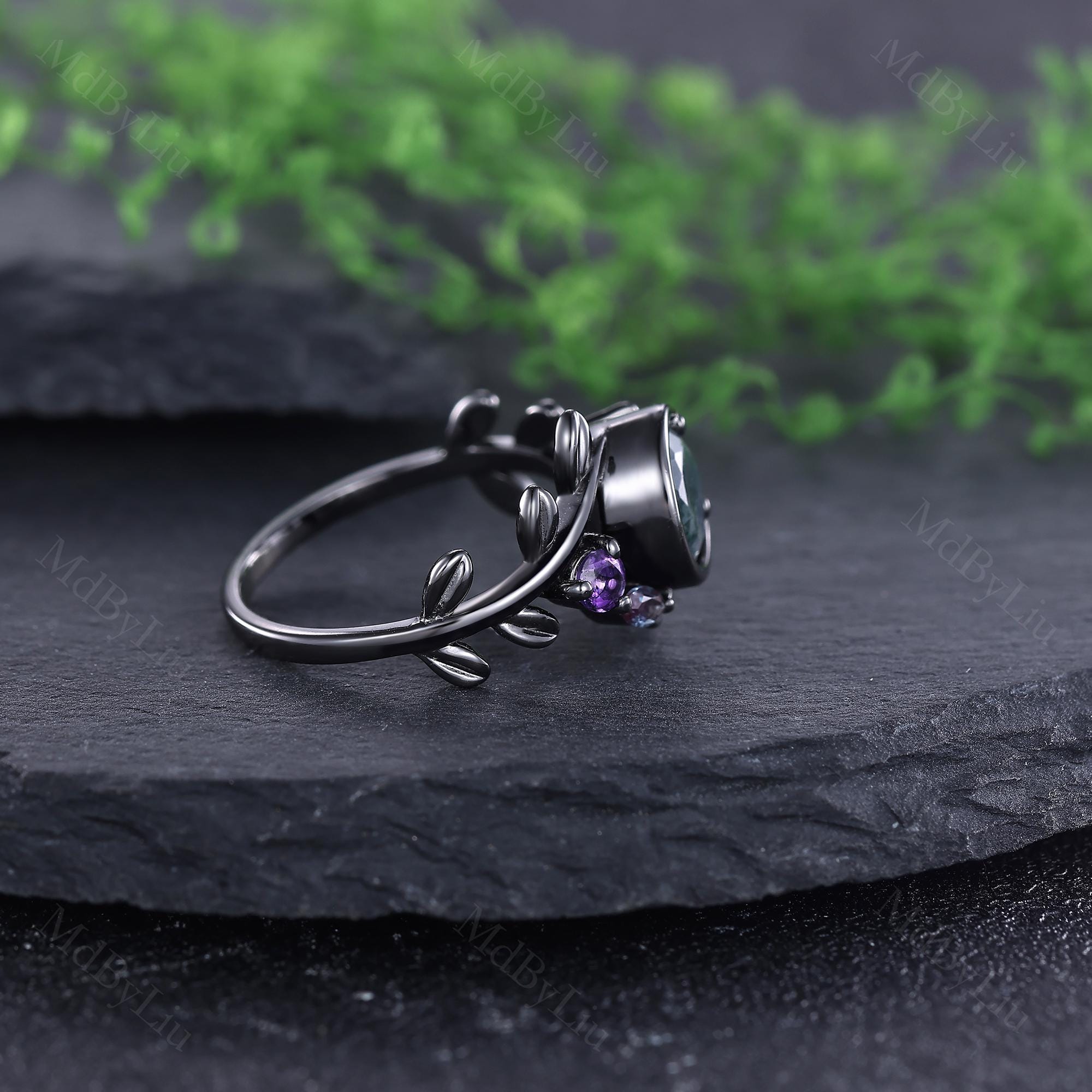Nature Inspired Moon Design Emerald Promise Ring for Her Black