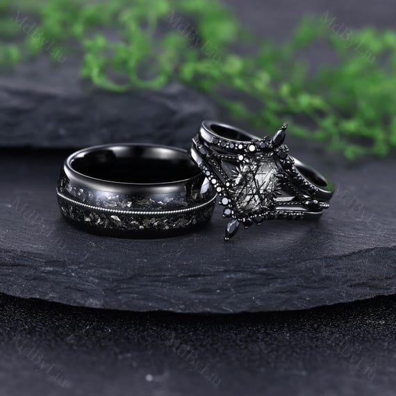 Black Rutilated Quartz Couple Rings Vintage Couple Promise Ring Set Gothic Hexagon Engagement Ring for Women Tungsten Wedding Band for Him