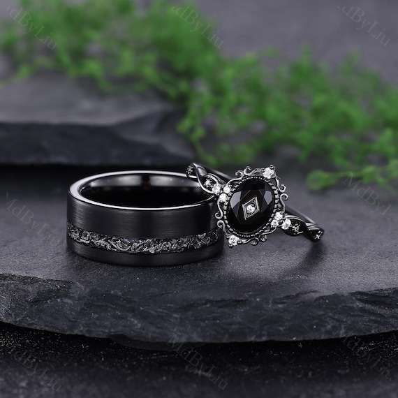 Gothic Black Onyx Couple Rings Unique Black Gemstone Rings His and