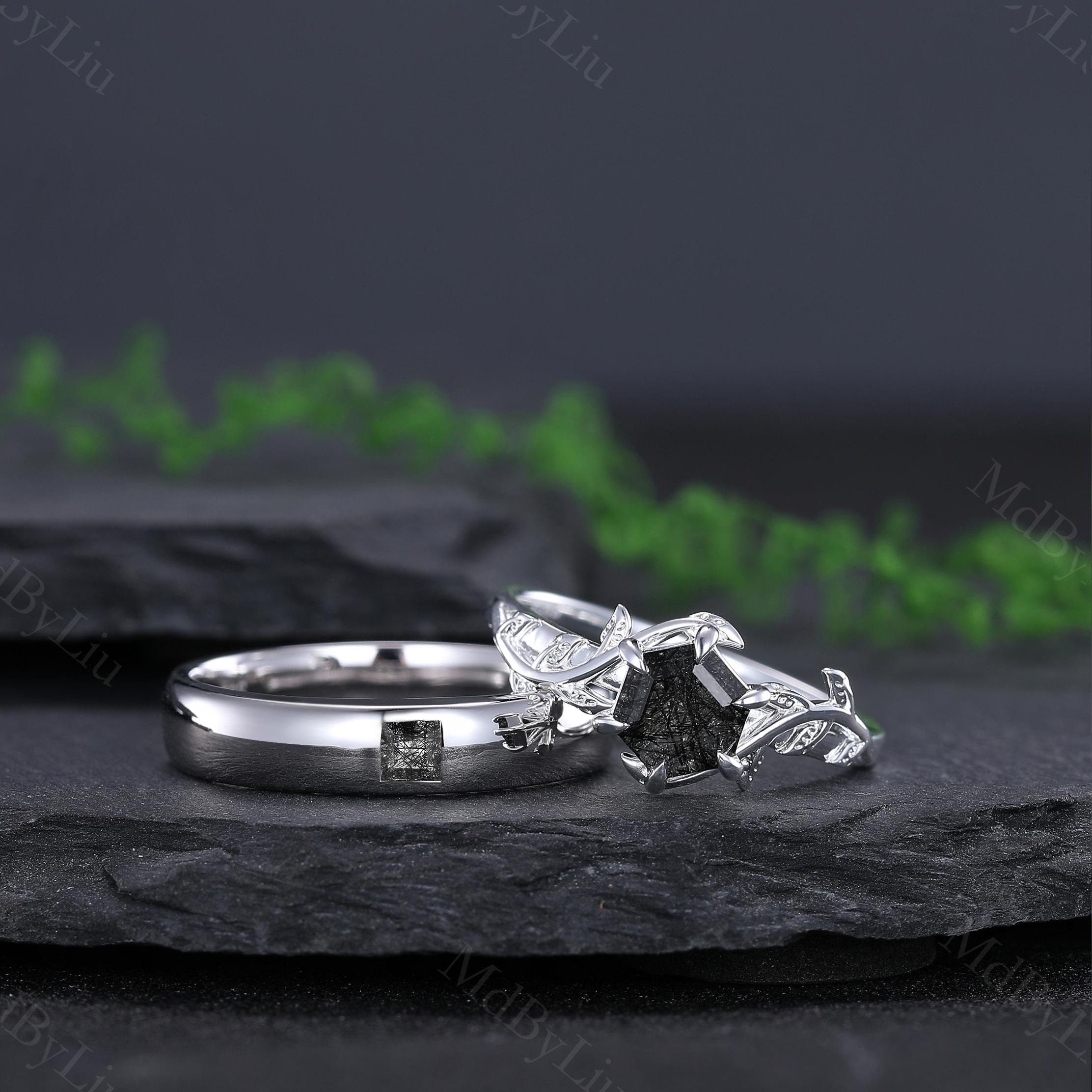 Natural Black Rutilated Quartz Couples Ring Set, His and Hers
