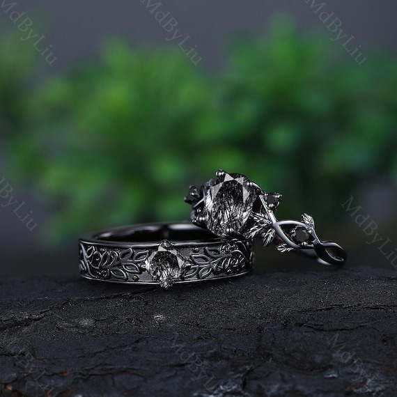 Gothic Black Rutilated Quartz Couple Engagement Ring Twig Leaf Black Gold Ring His and Hers Ring Set Wedding Statement Rings Christmas Gift