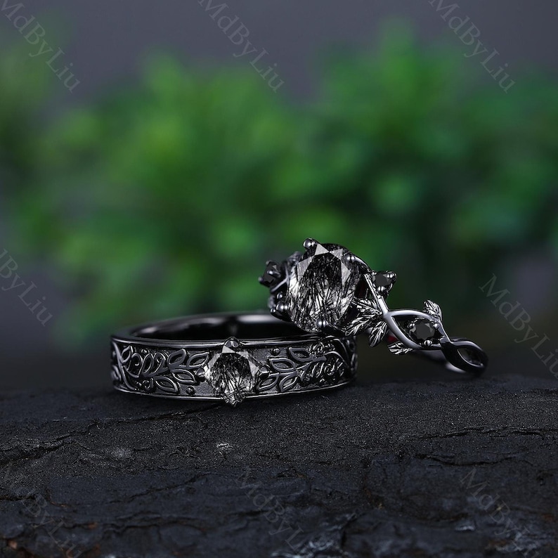 Gothic Black Rutilated Quartz Couple Engagement Ring Twig Leaf Black Gold Ring His and Hers Ring Set Wedding Statement Rings Christmas Gift Couples Ring Set
