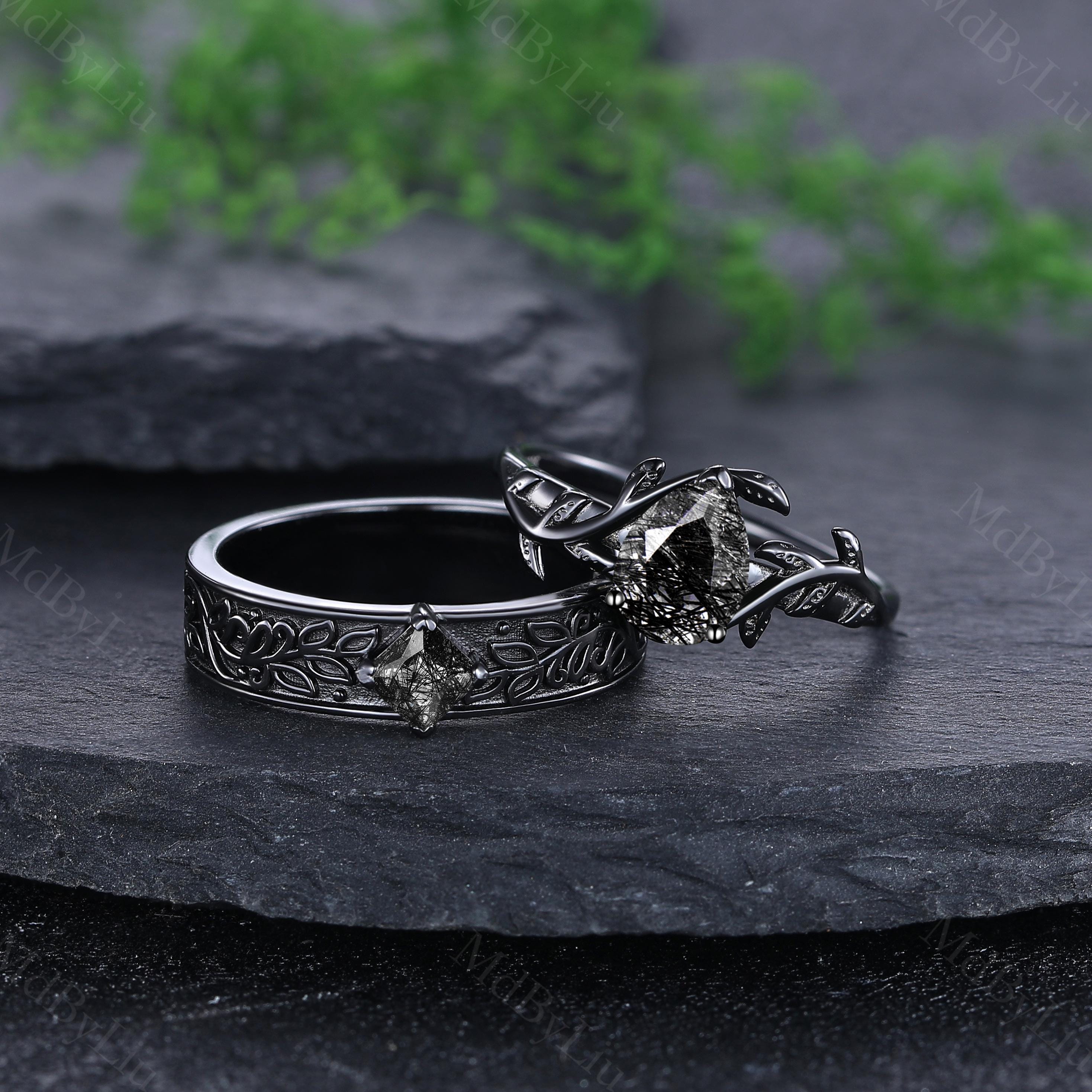 Black Rutilated Quartz Couple Rings Set Leaf Branch Engagement