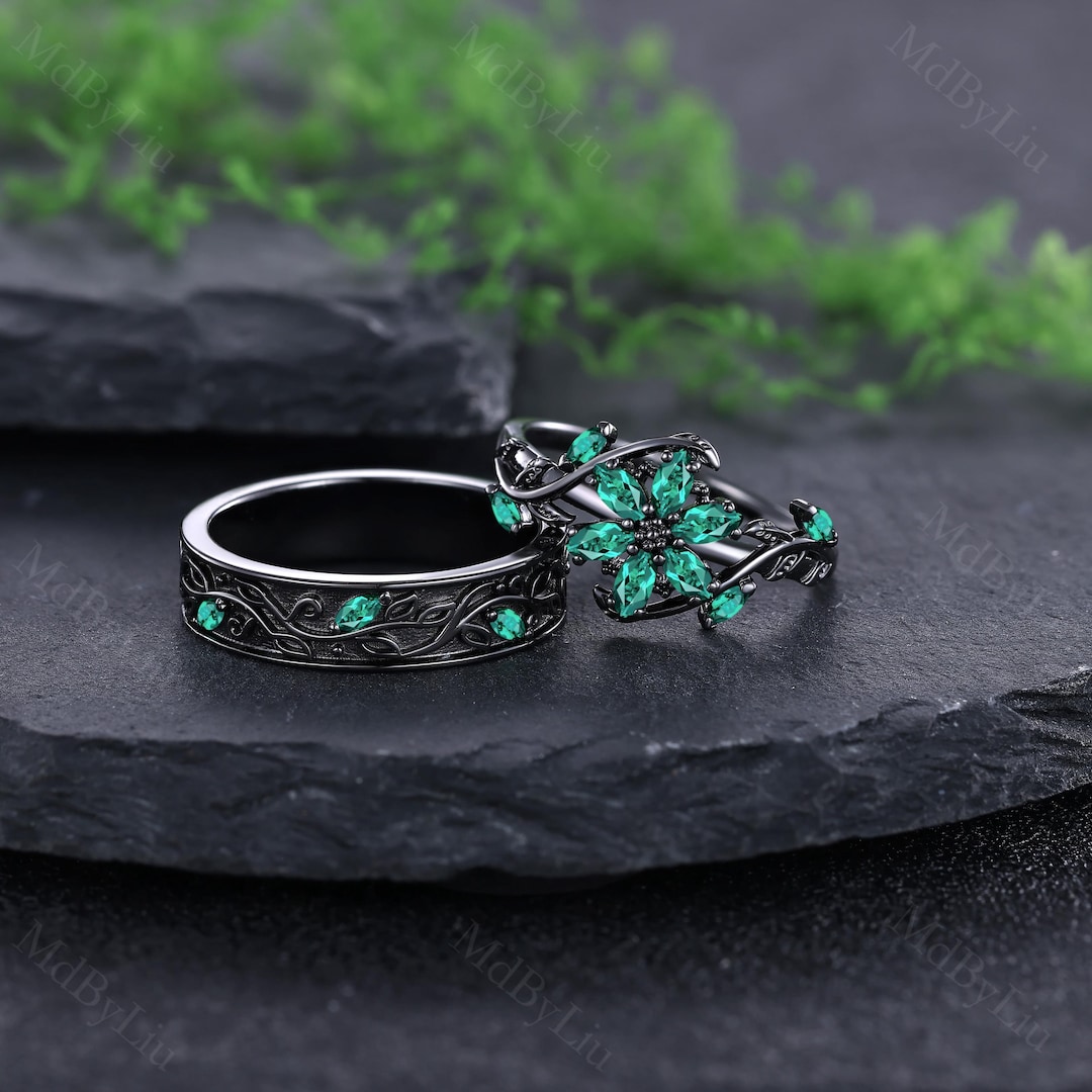 Nature Inspired Emerald Couple Rings Unique Flower Design Bridal ...