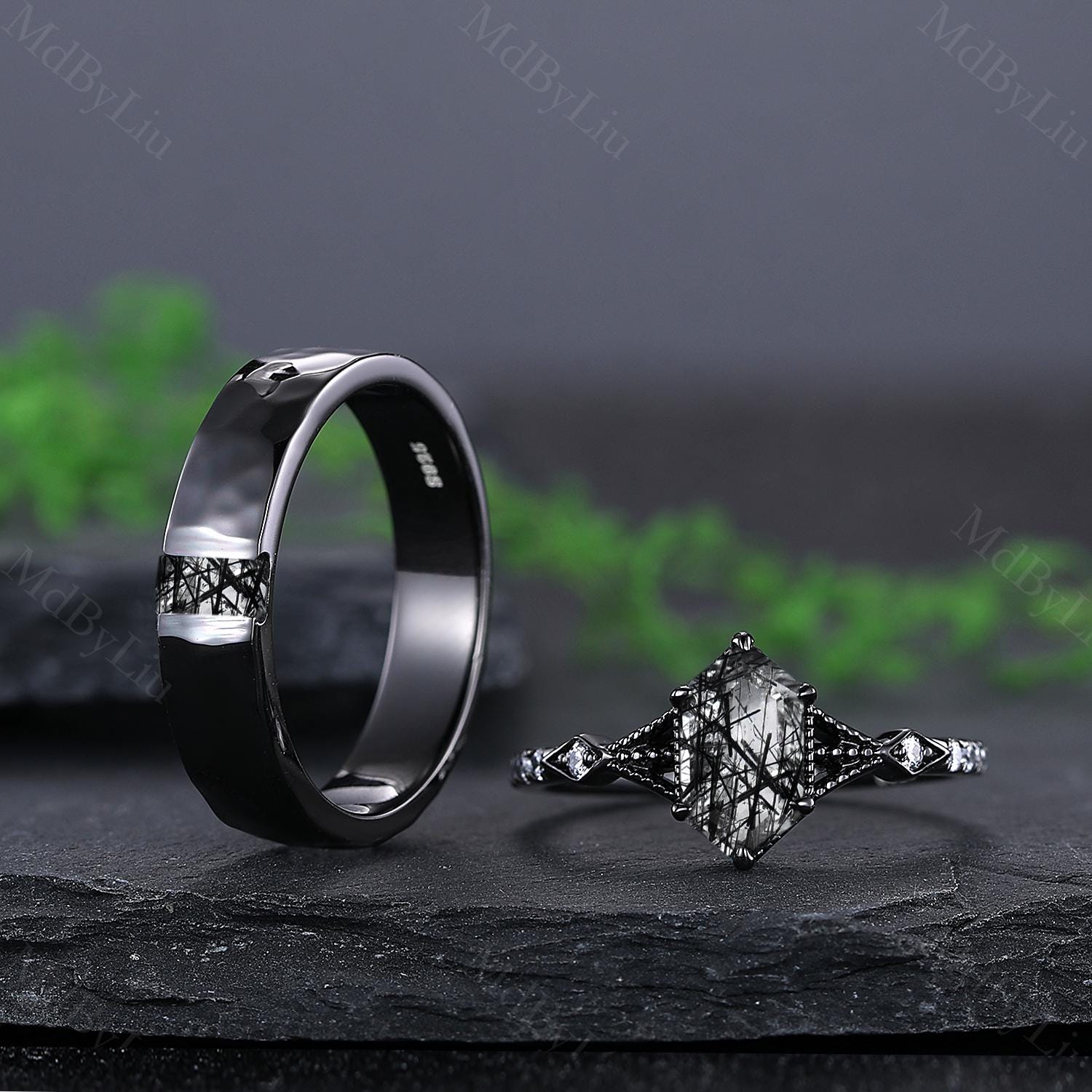 Gothic Black Rutilated Quartz Couple Rings, Rutilated Quartz