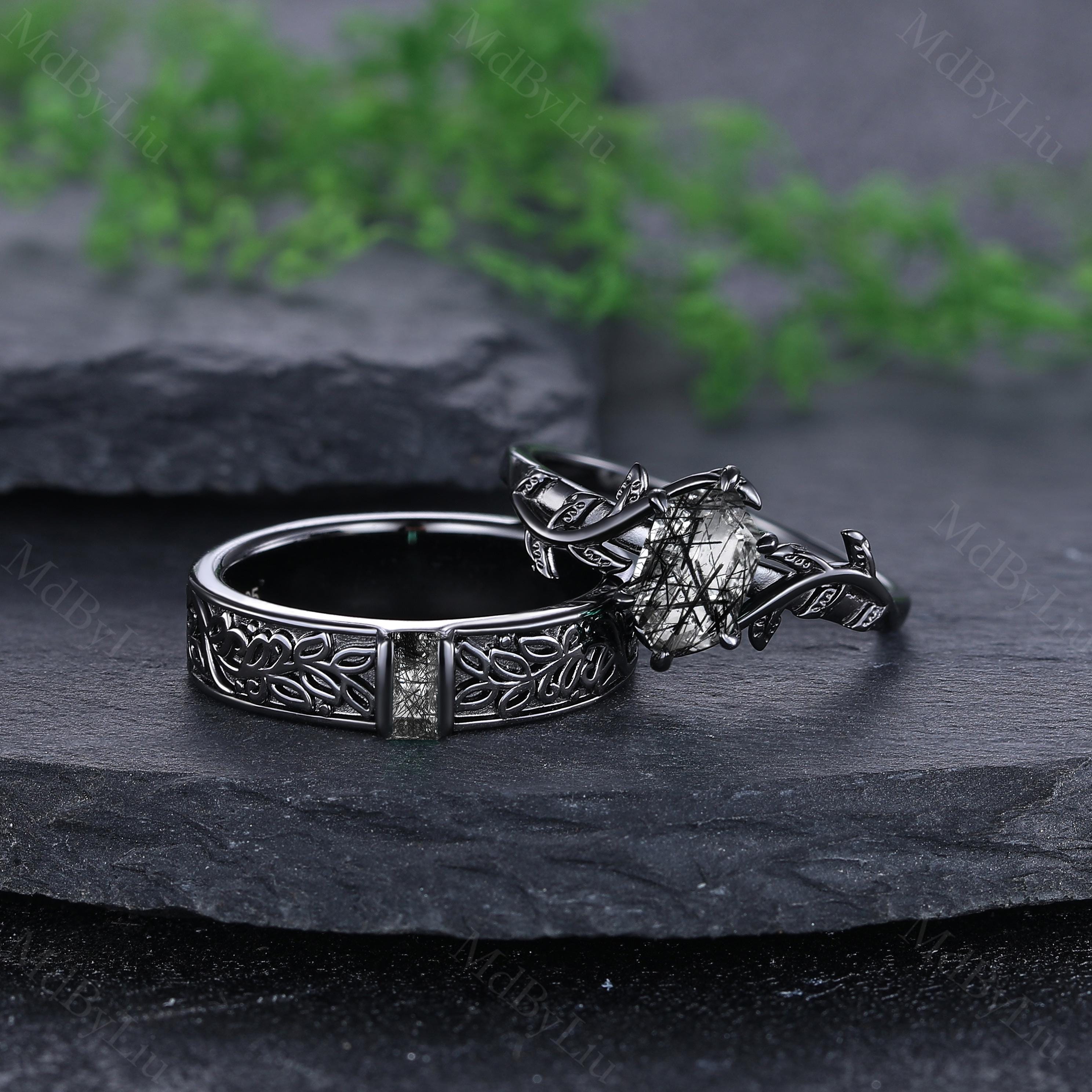 Black Rutilated Quartz Couples Rings Leaf Branch Women Wedding