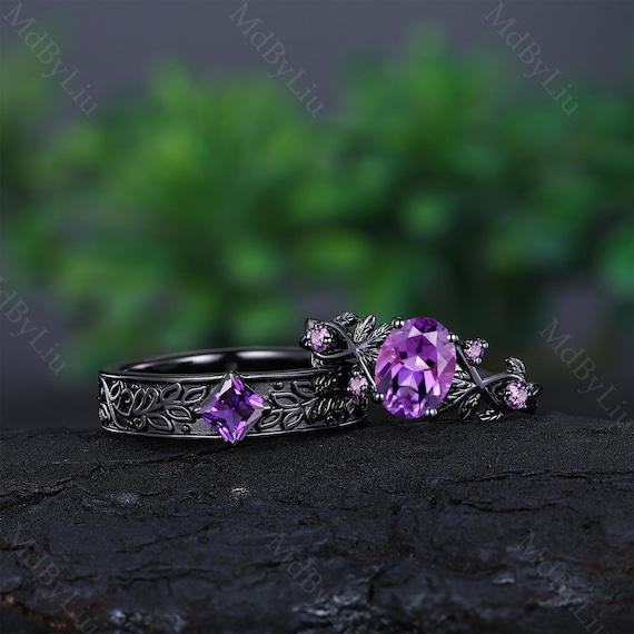Nature Inspired Amethyst Couple Rings Gothic Black Gold Wedding