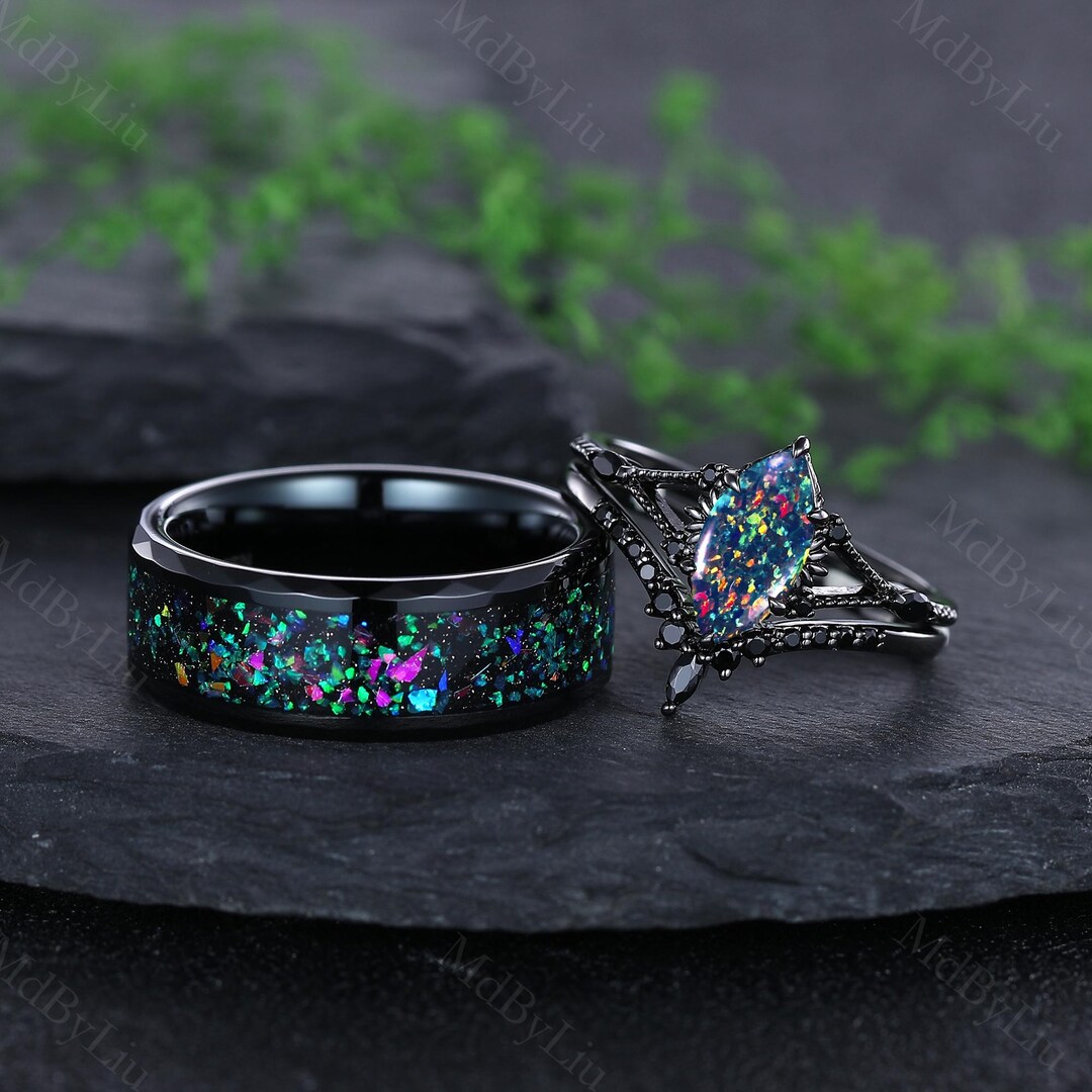 Matching Opsite Rings Black Opal Couple Rings His and Hers Matching Ring Set Fire Opal ...