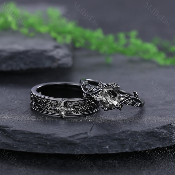 Black Rutilated Quartz Couple Rings Set Leaf Branch Engagement