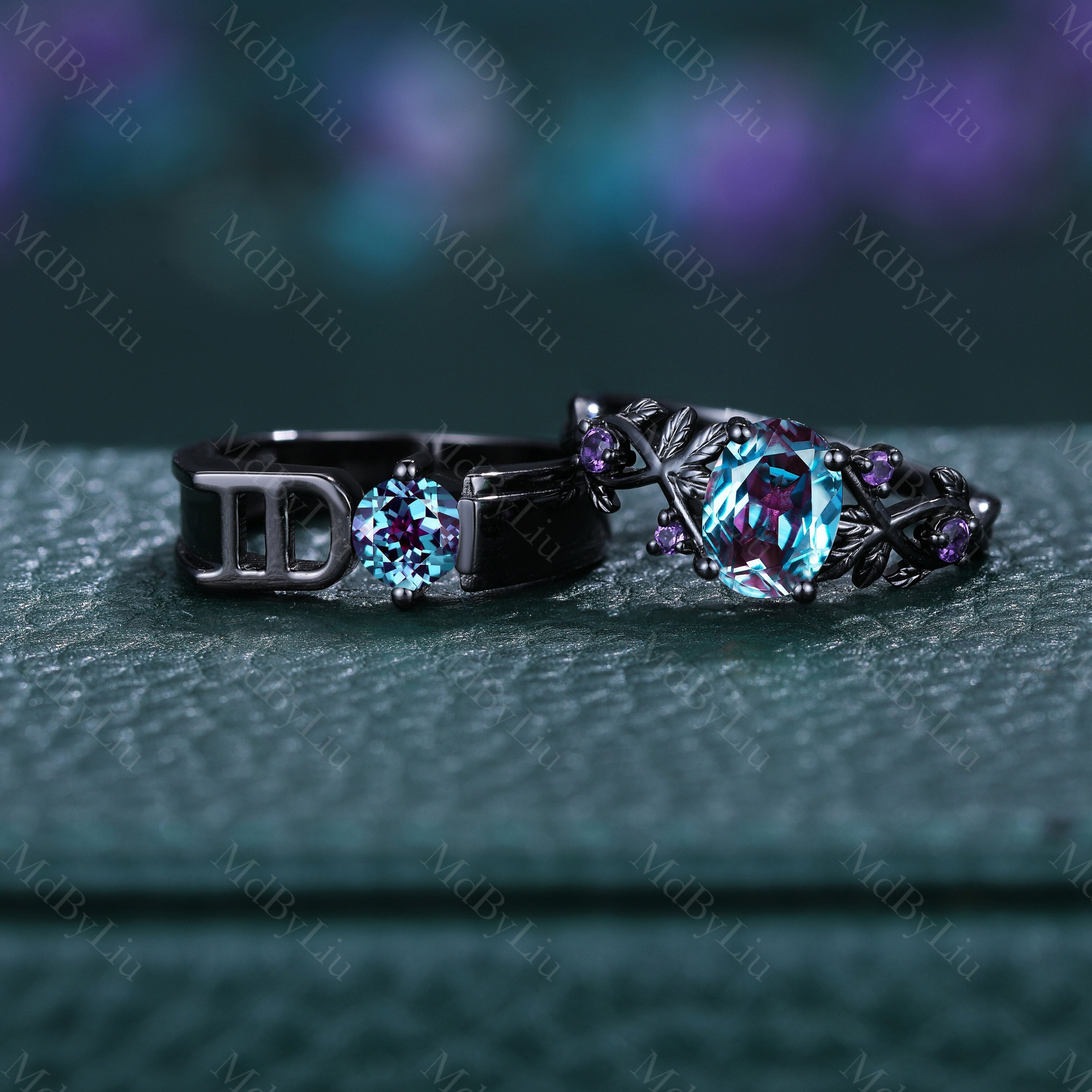 2pcs Couple Rings Wedding Rings For Men and Women Black Gold Alexandrite Gothic Engagement Rings Leaf Branch Handmake Fantasy Promise Ring