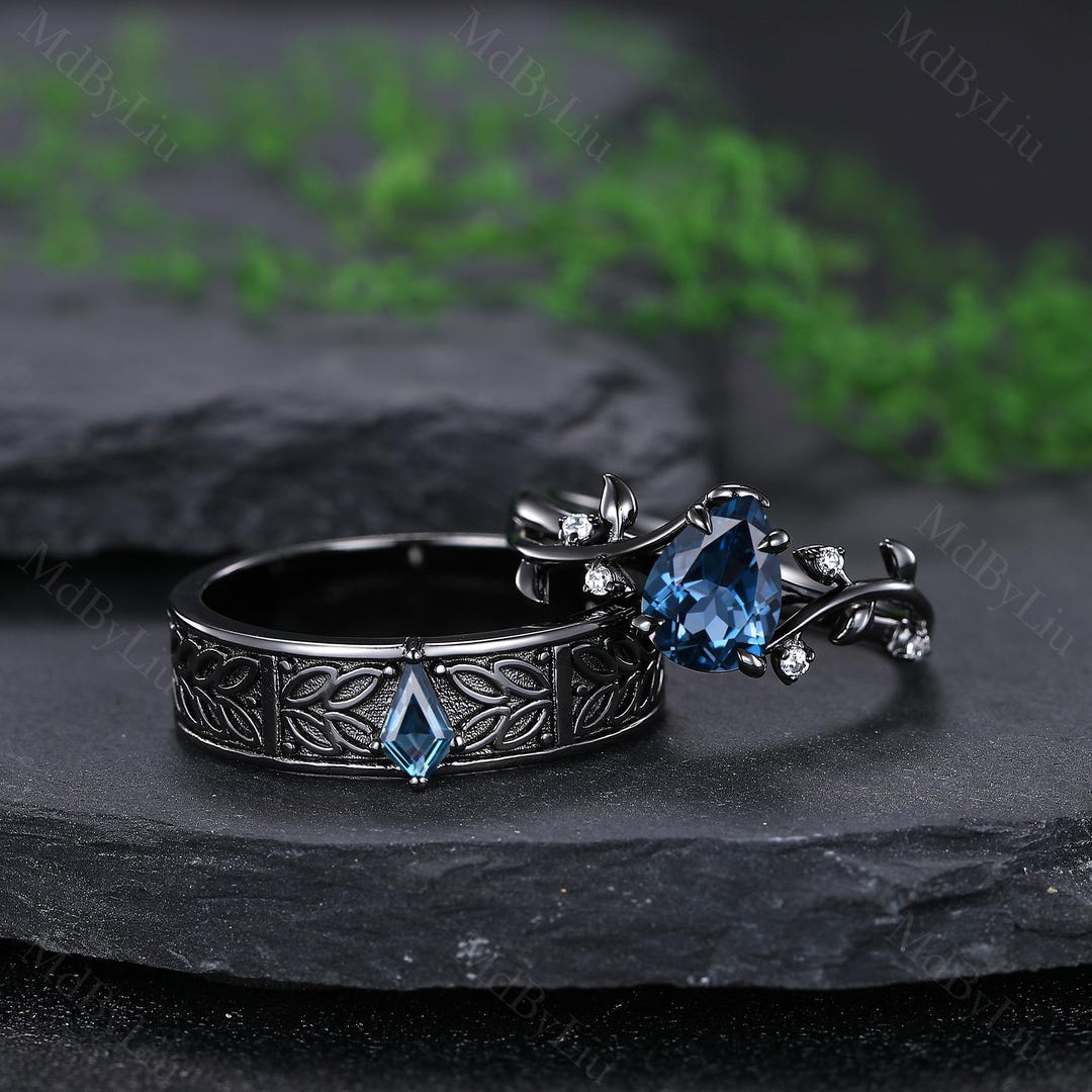 London Topaz Couple Rings Gothic Black Nature-inspired Leaf