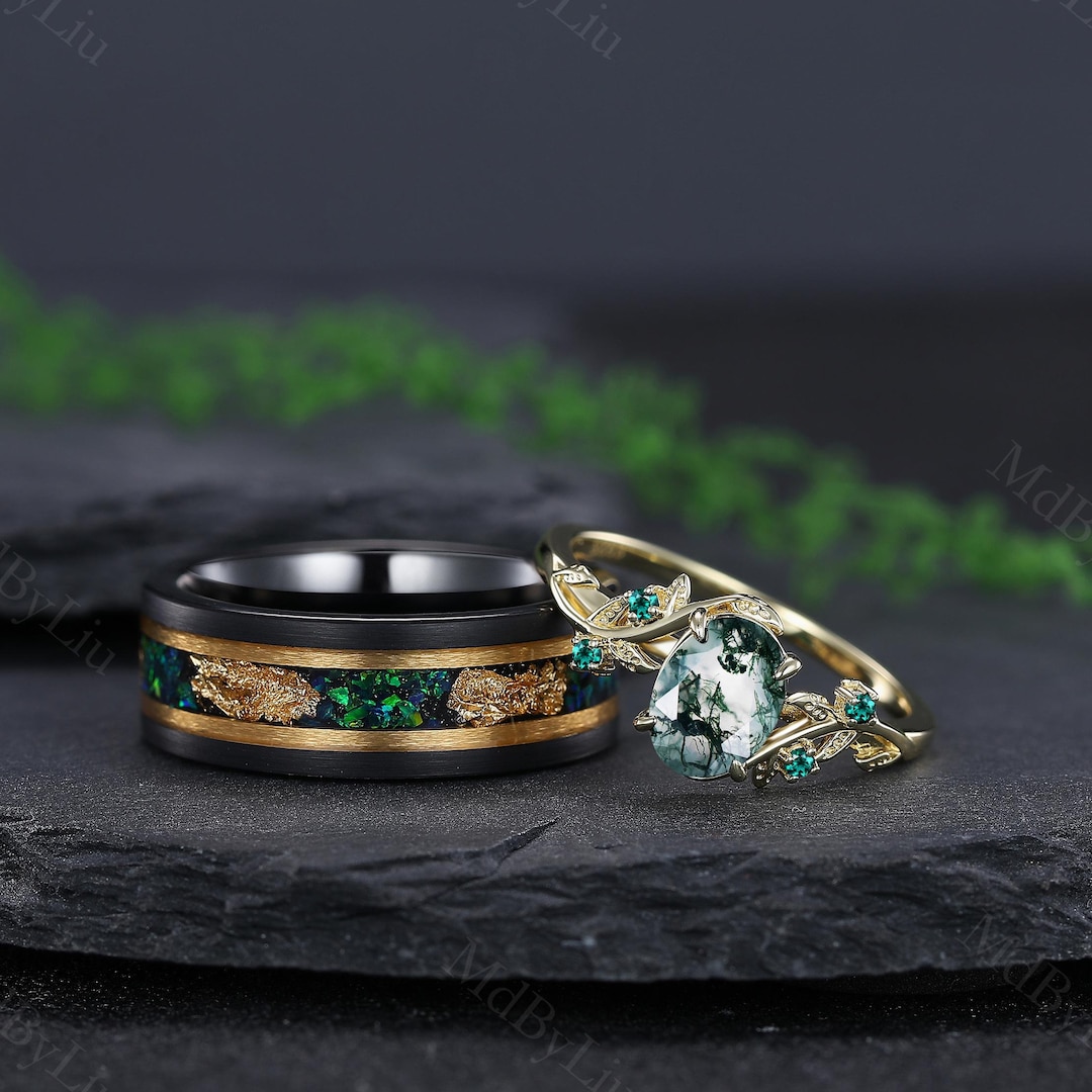 Moss Agate & Meteorite Couples Rings Black and Gold Ring Set His and ...
