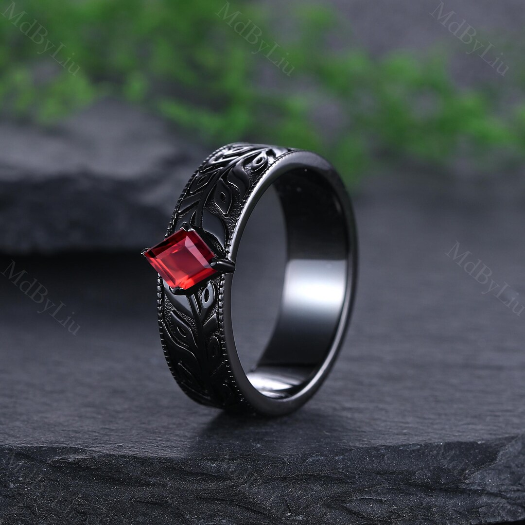 Nature-inspired Leaf Carving Vine Garnet Ring Mens Red Stone