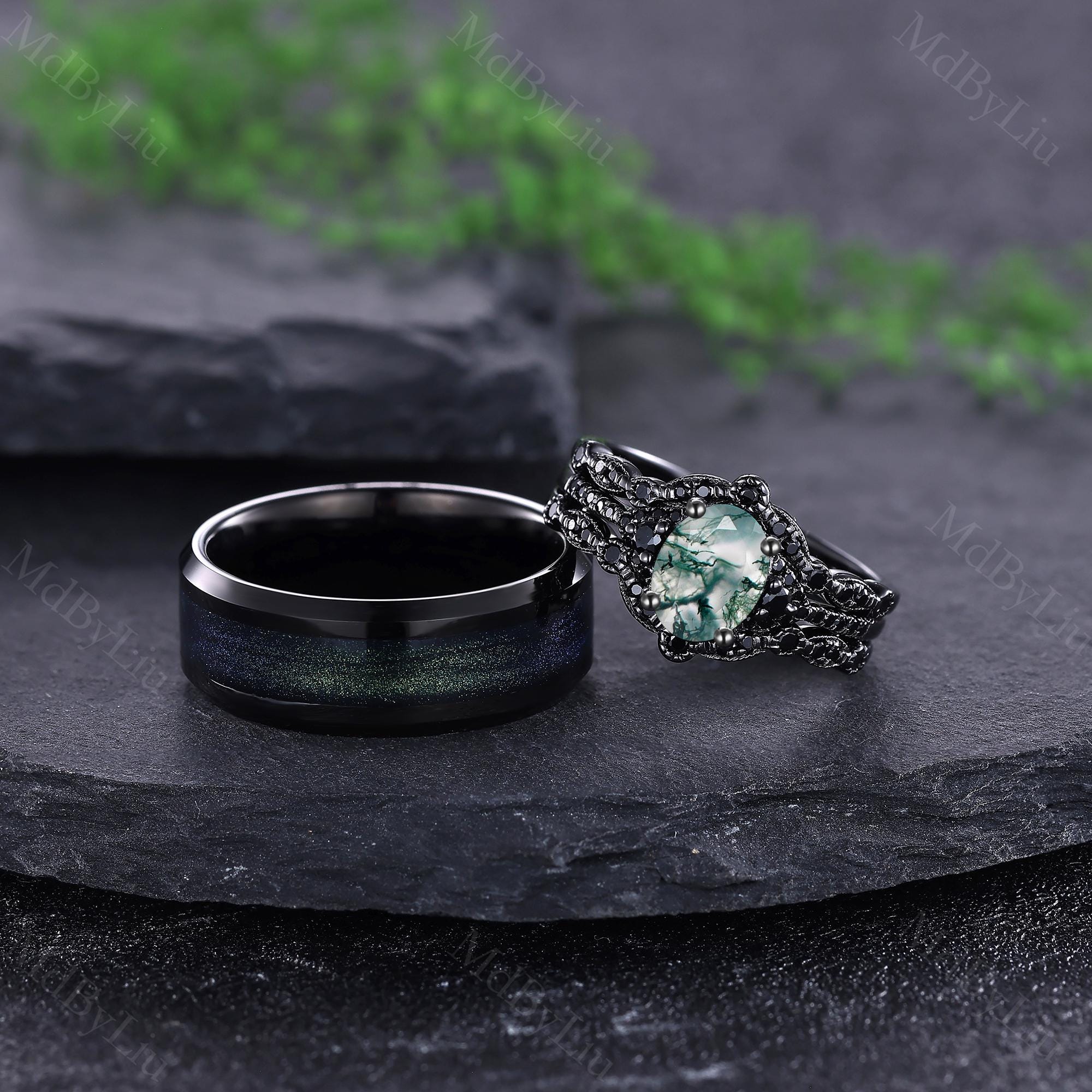 Moss Agate Engagement Ring Set Black Tungsten Aurora Men's Band