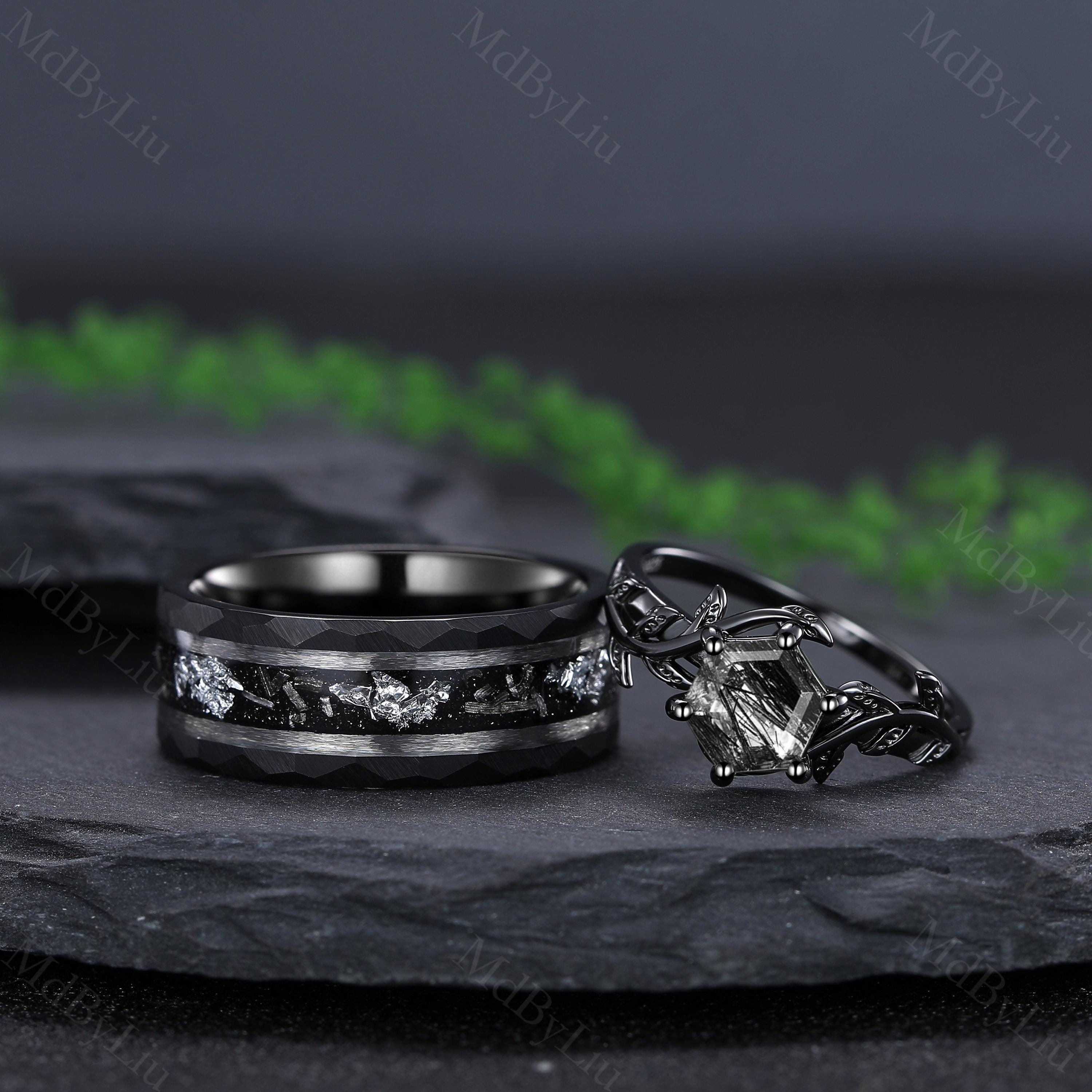 Black Rutilated Quartz Engagement Ring His and Hers Matching Ring