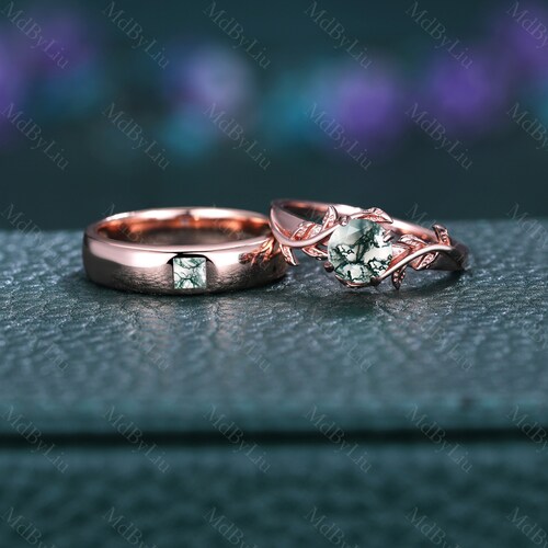 Green Moss Agate Round Princess Ring Set, His and Her Wedding Band