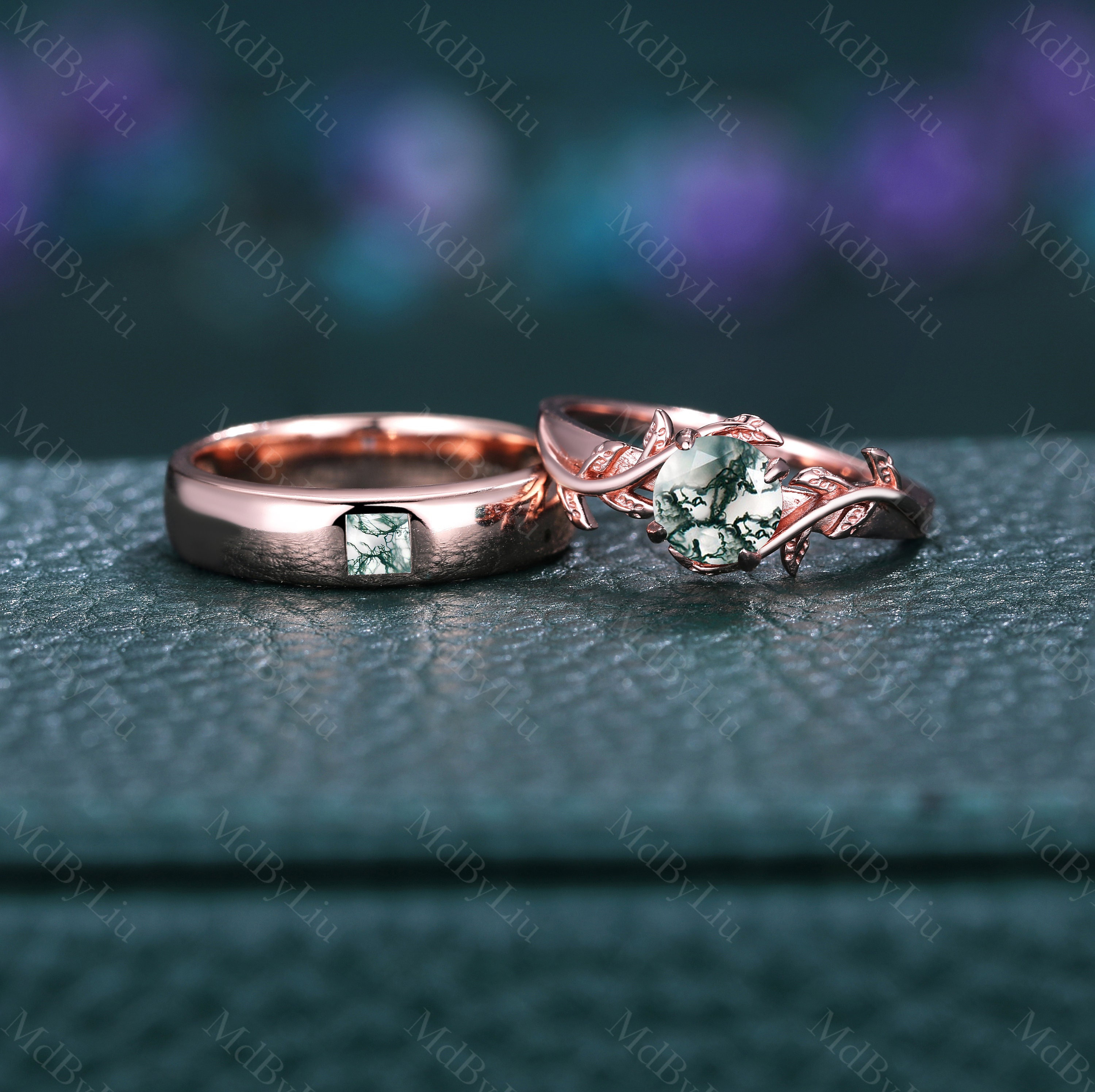 アスティエ　クリスマスオーナメント　ENGAGEMENT RING Green Moss Agate Round Princess Ring Set, His and Her Wedding Band
