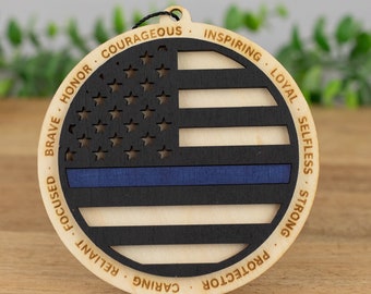 Wooden Thin Blue Line Ornament: Police Officer Gift