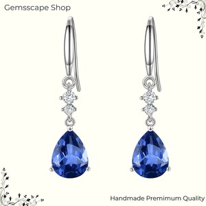 sapphire dangle earrings Sapphire Blue Pear Cut CZ Drop Earrings in Sterling Silver, Blue Droplet Dangle Earrings sapphire earrings