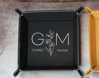 Personalized Vegan Leather Valet Tray with Name and Date, Catchall Gift for Couples