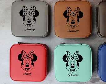 Personalized Vegan Leather Jewelry Box, Minnie Mouse Design Accessory Case