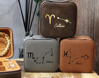 Personalized Zodiac Vegan Leather Jewelry Box, Custom Horoscope Gift
