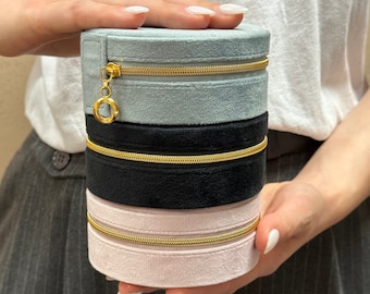 Custom Italian Velvet Round Jewelry Box, Travel Storage Case