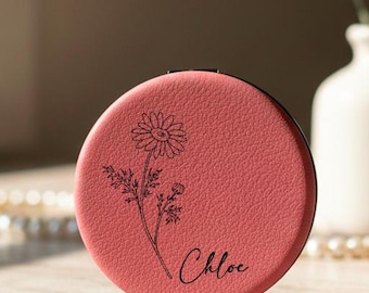 Personalized Birth Flower Compact Mirror, Custom Bridesmaid Gift