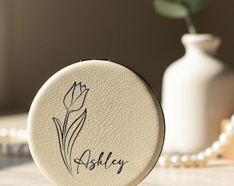 Custom Engraved Compact Travel Makeup Mirror – Personalized Pocket Mirror with Name or Birth Flower Bridesmaid Proposal