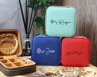 Personalized Vegan Leather Jewelry Box, Engraved Floral Travel Case