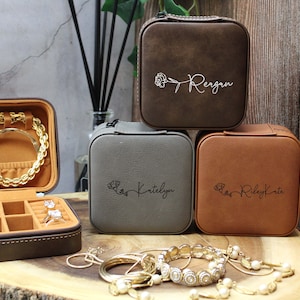 Custom Leather Jewelry Travel Case, Birth Flower Jewelry Travel Case, Custom Jewelry Case, Birth Month Flower Gift, Personalized Christmas G