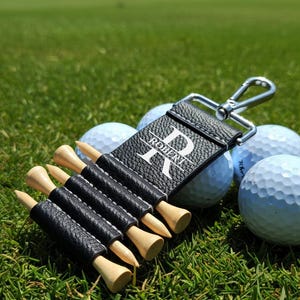 Personalized Engraved Leather Golf Bag Tag with Tee Holder Custom Gift for Golf Lovers Black
