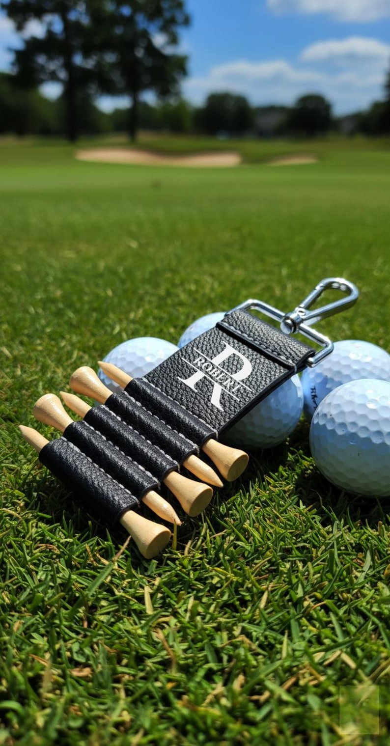Personalized Engraved Leather Golf Bag Tag with Tee Holder Custom Gift for Golf Lovers Black