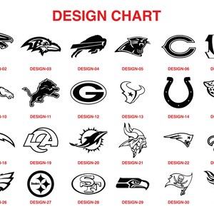 May include: A black and white design chart featuring 32 different NFL team logos. The logos are arranged in a grid with the team name and design number below each logo.