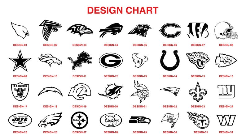 May include: A black and white design chart featuring 32 different NFL team logos. The logos are arranged in a grid with the team name and design number below each logo.