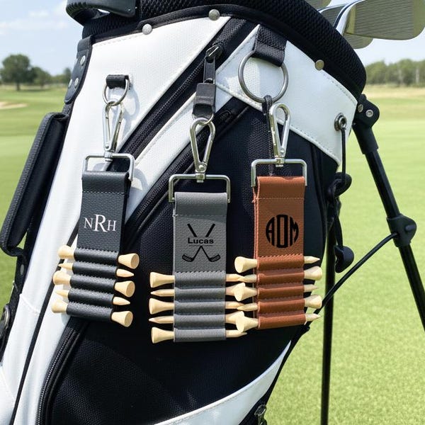 Personalized Engraved Leather Golf Bag Tag with Tee Holder Custom Gift for Golf Lovers