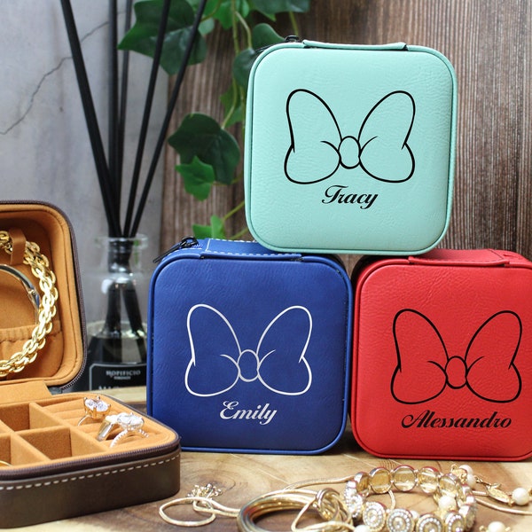 Minnie Mouse Bow, Women Jewelry Box, Personalized Bachelor Party, Disney Custom Gift, Leather Organizer,Jewelry Storage, Last Minutes Gifts